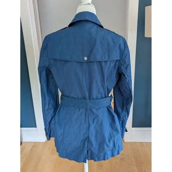 Burberry Brit Blue Women’s Sz 12 Double Breasted Short Trench Coat Lightweight - Picture 5 of 16